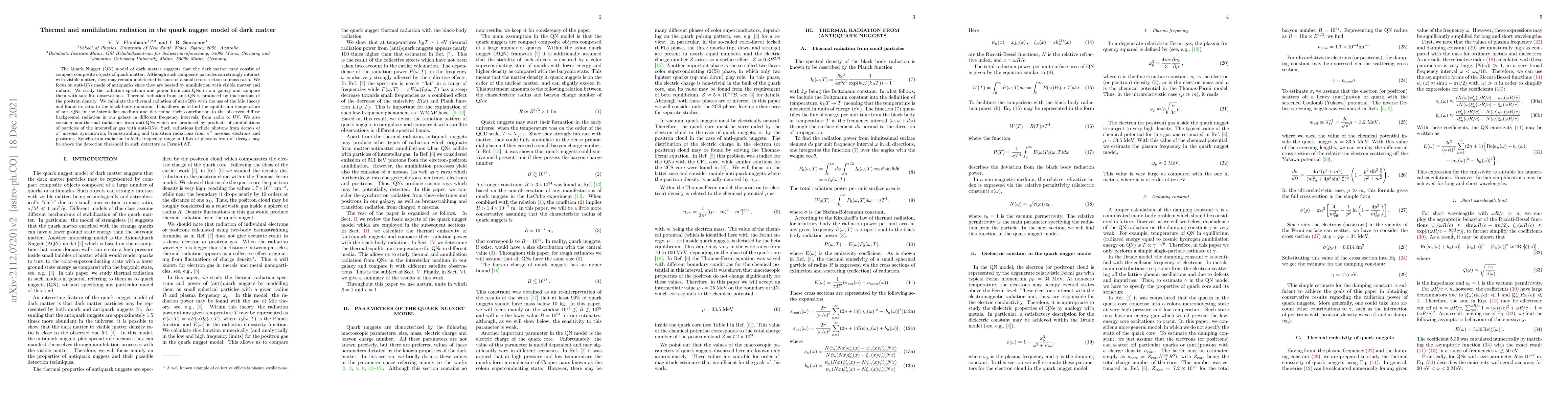 Thumbnail for Thermal and annihilation radiation in the quark nugget model of dark
  matter
