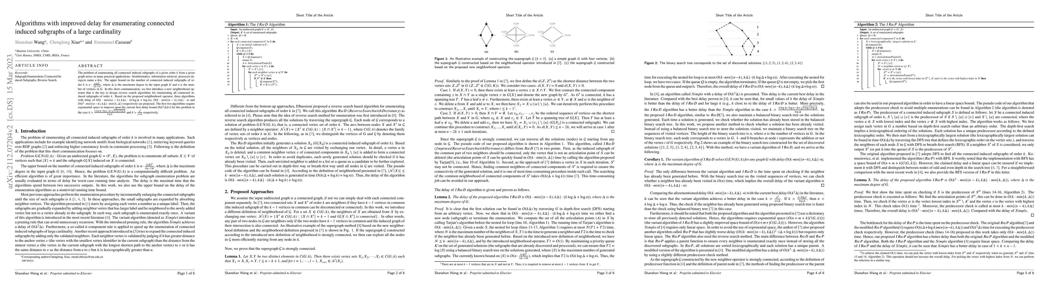 Thumbnail for Algorithms with improved delay for enumerating connected induced
  subgraphs of a large cardinality