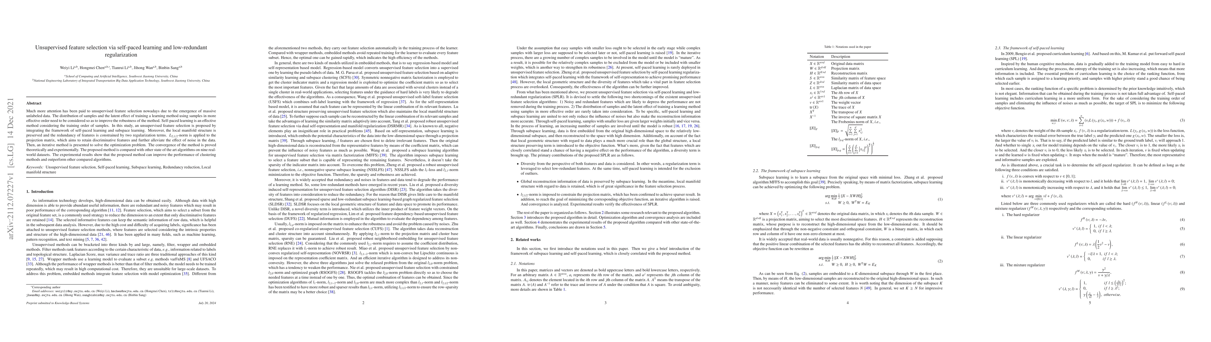 Thumbnail for Unsupervised feature selection via self-paced learning and low-redundant
  regularization