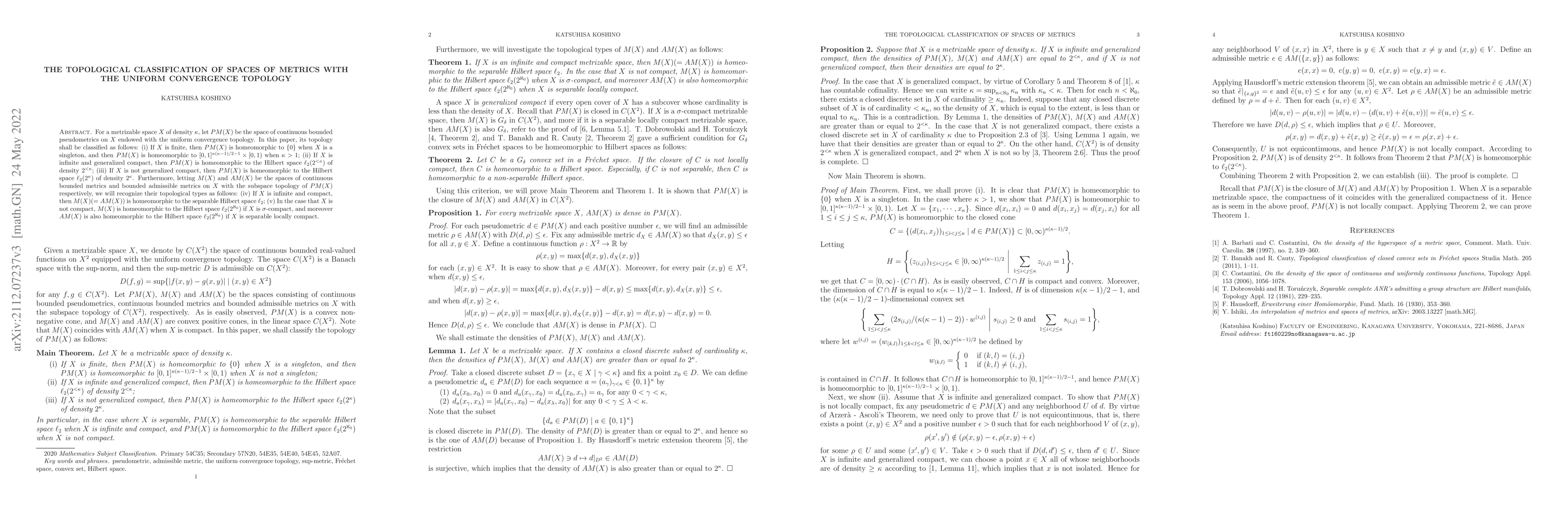 Thumbnail for The topological classification of spaces of metrics with the uniform
  convergence topology