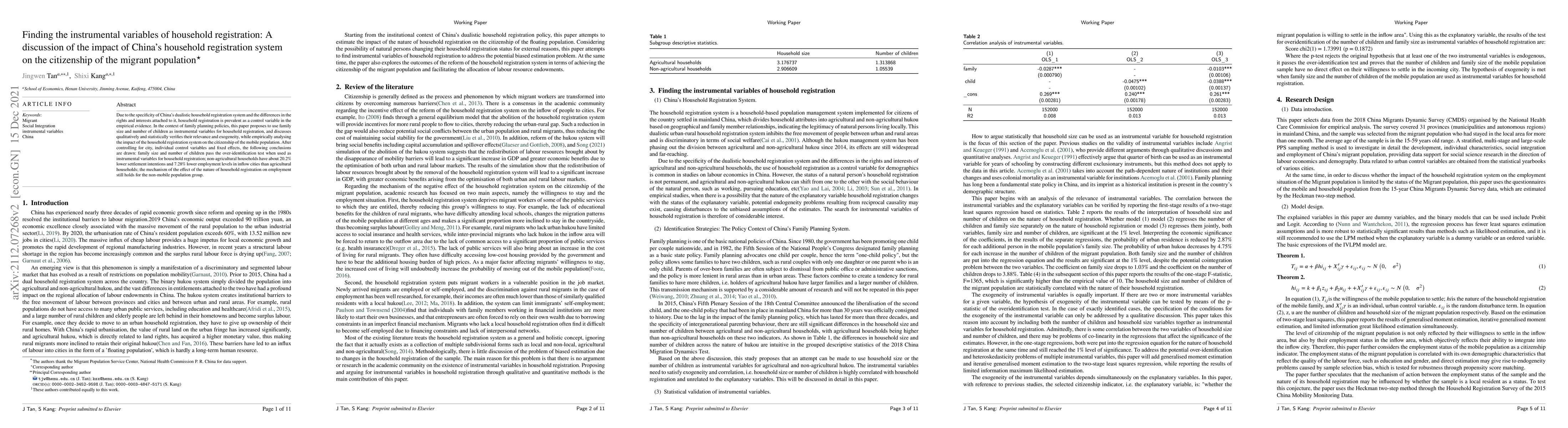 Thumbnail for Finding the Instrumental Variables of Household Registration: A
  discussion of the impact of China's household registration system on the
  citizenship of the migrant population