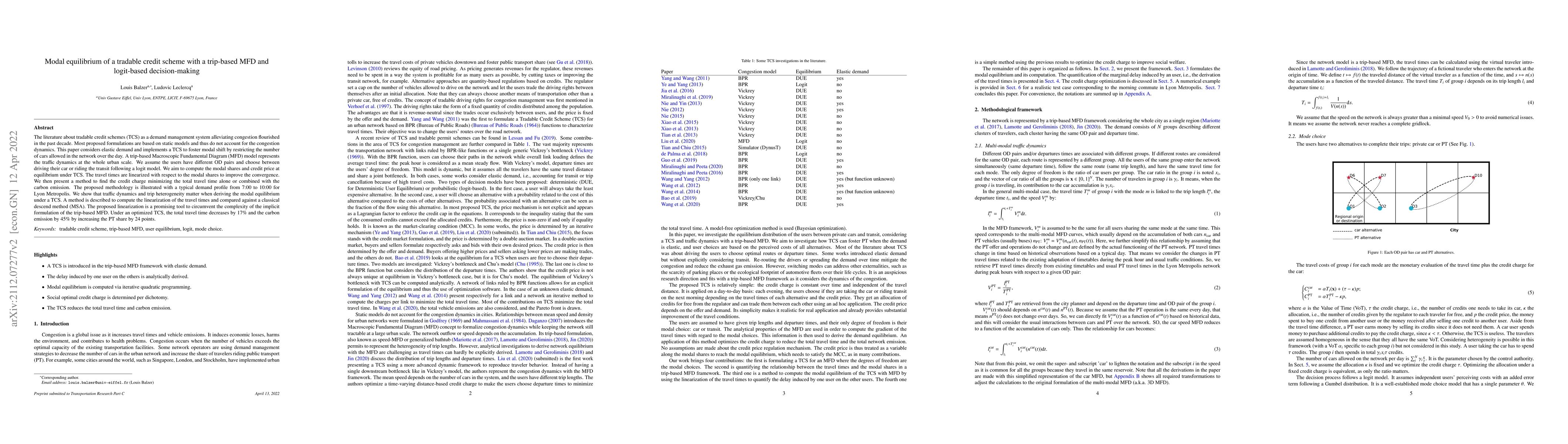 Thumbnail for Modal equilibrium of a tradable credit scheme with a trip-based MFD and
  logit-based decision-making