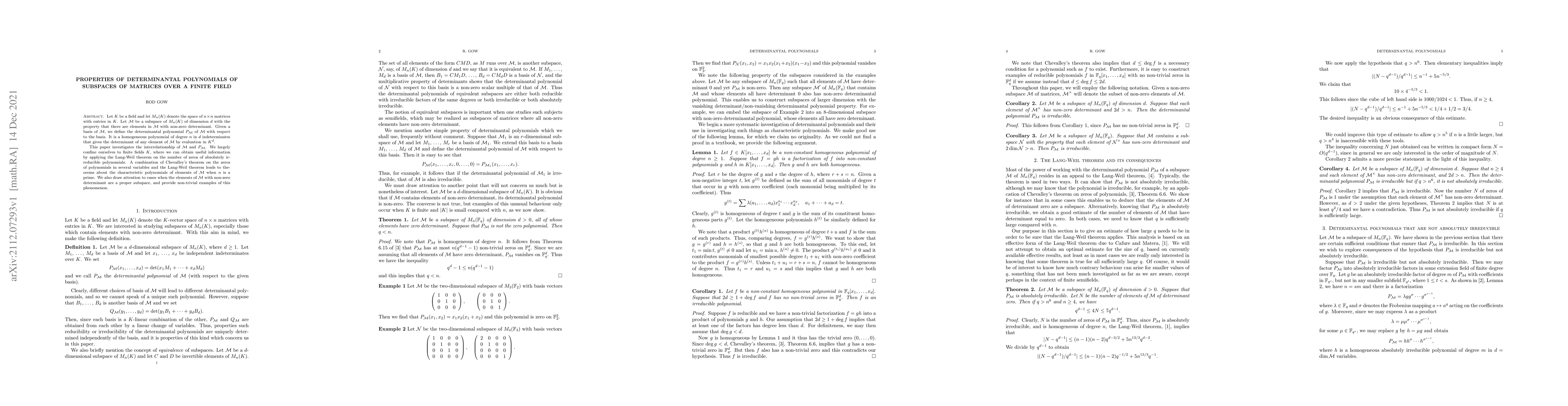 Thumbnail for Properties of determinantal polynomials of subspaces of matrices over a
  finite field