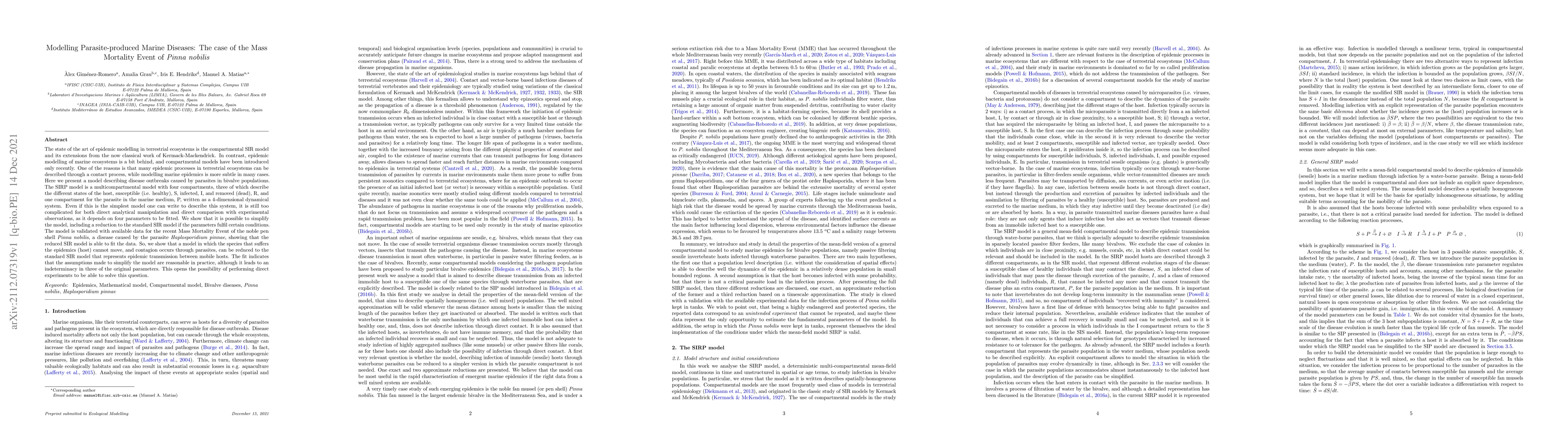 Thumbnail for Modelling Parasite-produced Marine Diseases: The case of the Mass
  Mortality Event of Pinna nobilis