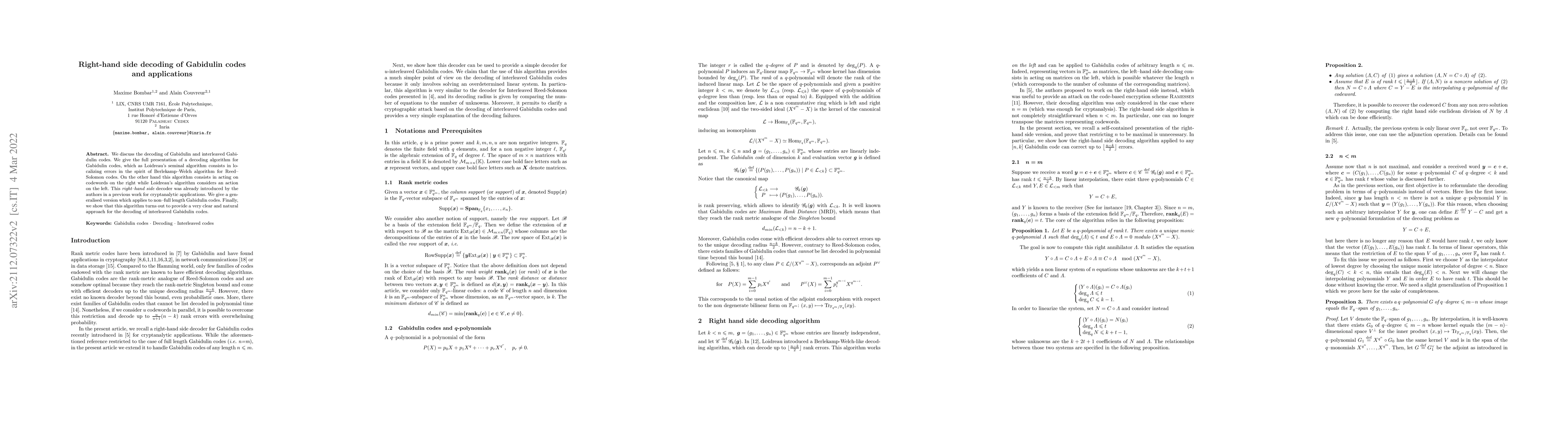 Thumbnail for Right-hand side decoding of Gabidulin code and applications