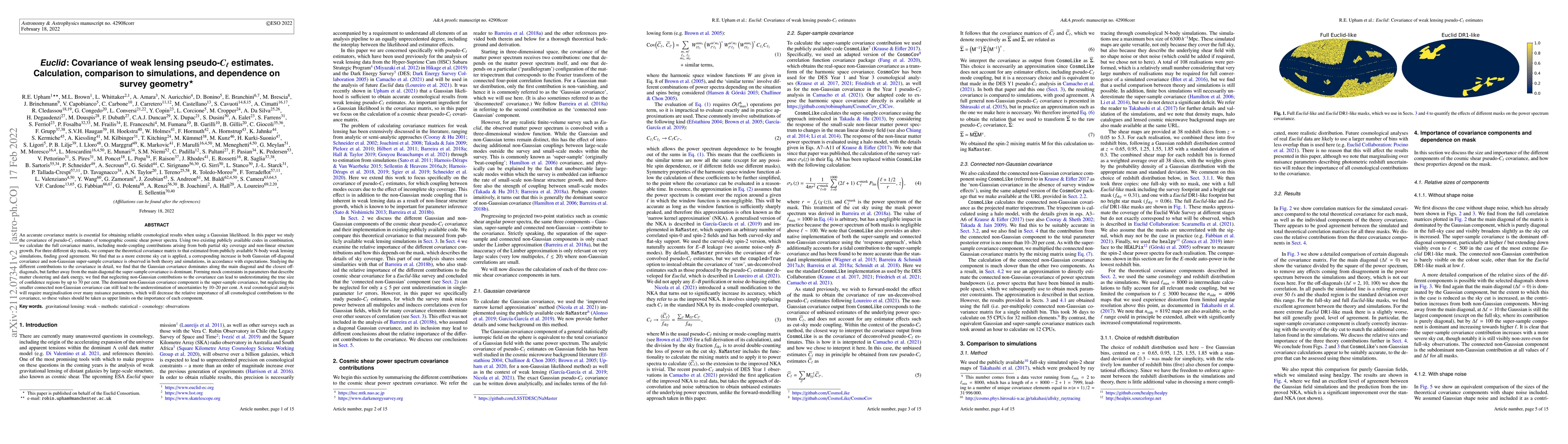Thumbnail for Euclid: Covariance of weak lensing pseudo-$C_\ell$ estimates.
  Calculation, comparison to simulations, and dependence on survey geometry