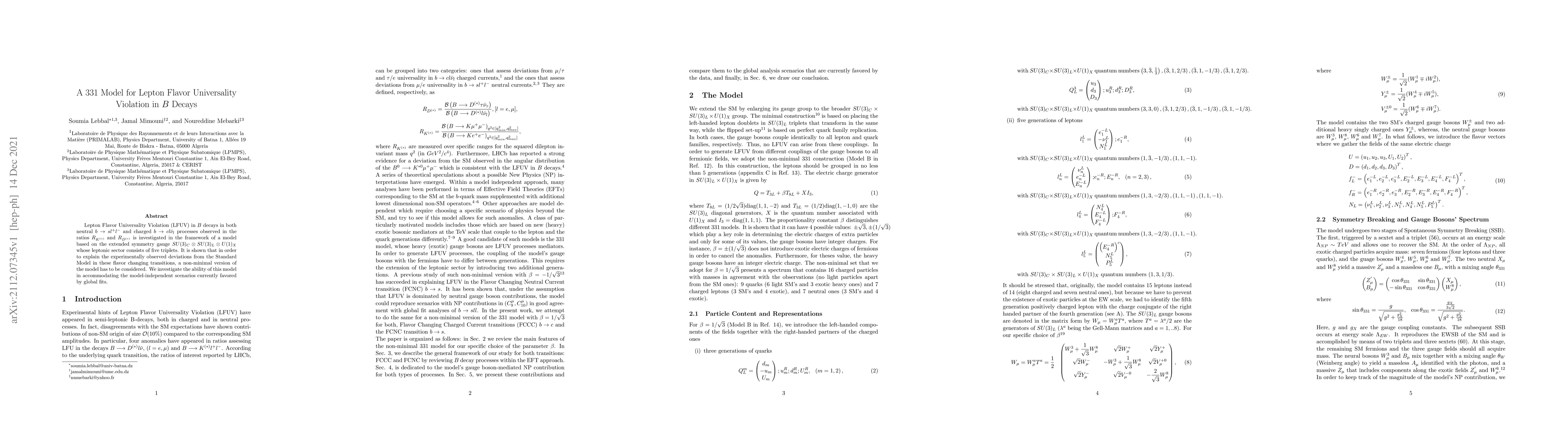 Thumbnail for A 331 Model for Lepton Flavor Universality Violation in $B$ Decays