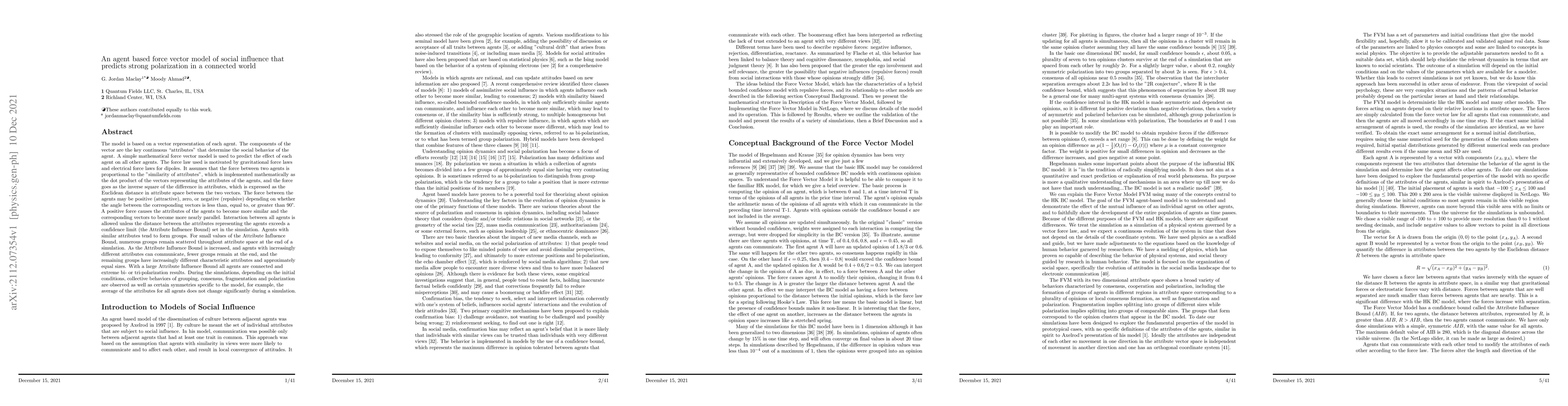 Thumbnail for An agent based force vector model of social influence that predicts
  strong polarization in a connected world