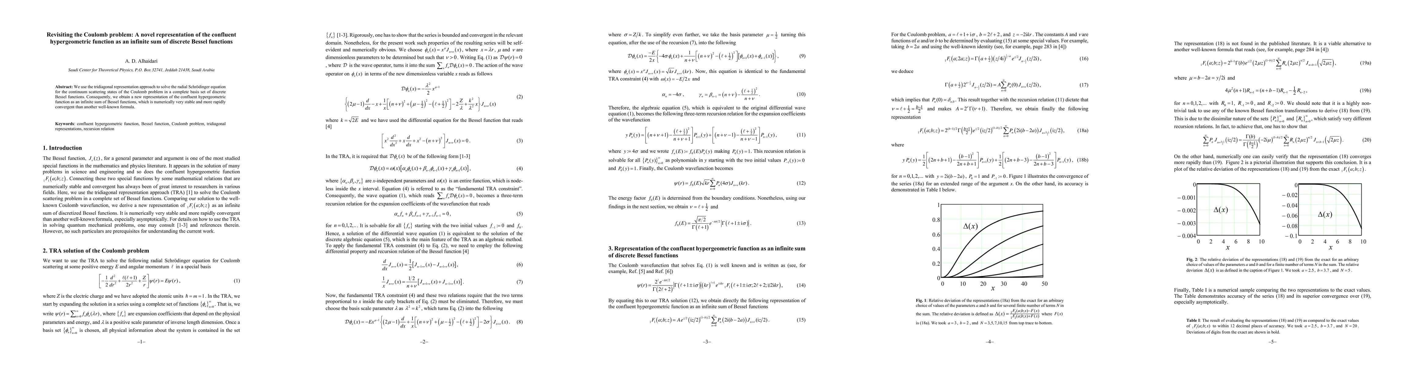 Thumbnail for Revisiting the Coulomb problem: A novel representation of the confluent
  hypergeometric function as an infinite sum of discrete Bessel functions