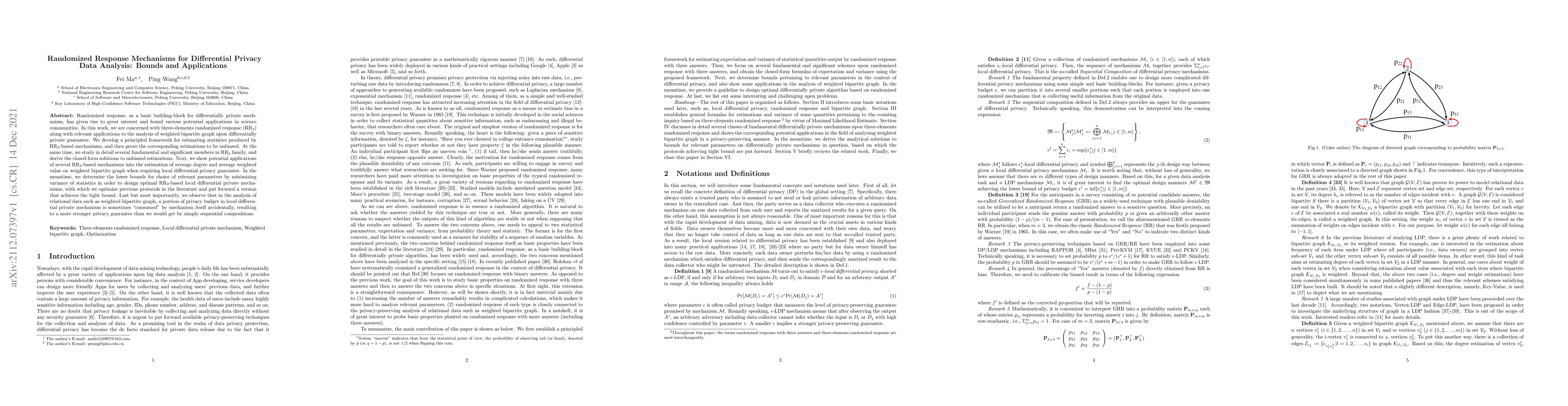 Thumbnail for Randomized Response Mechanisms for Differential Privacy Data Analysis:
  Bounds and Applications
