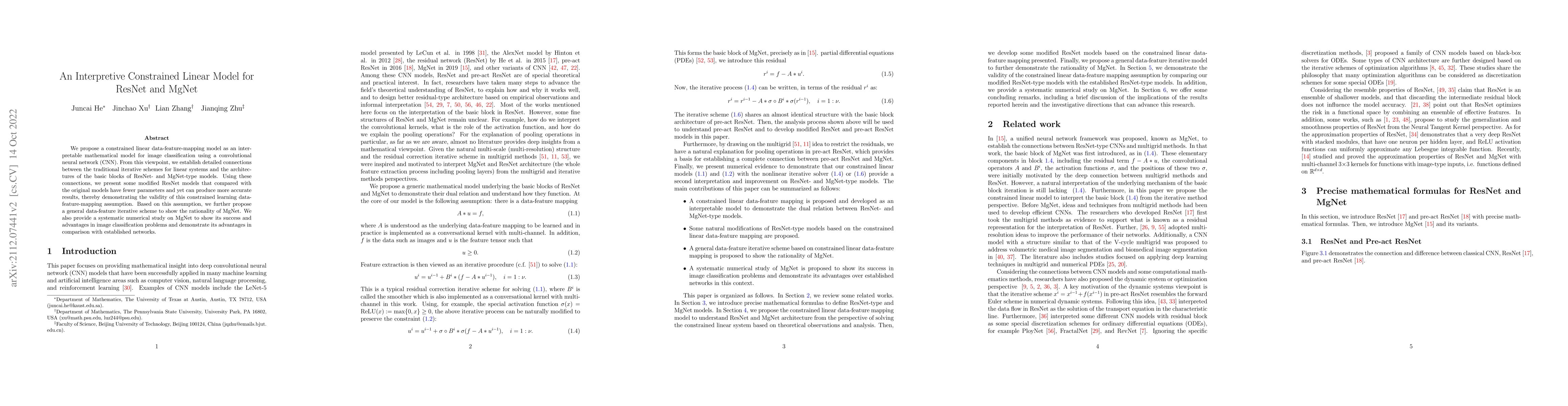 Thumbnail for An Interpretive Constrained Linear Model for ResNet and MgNet