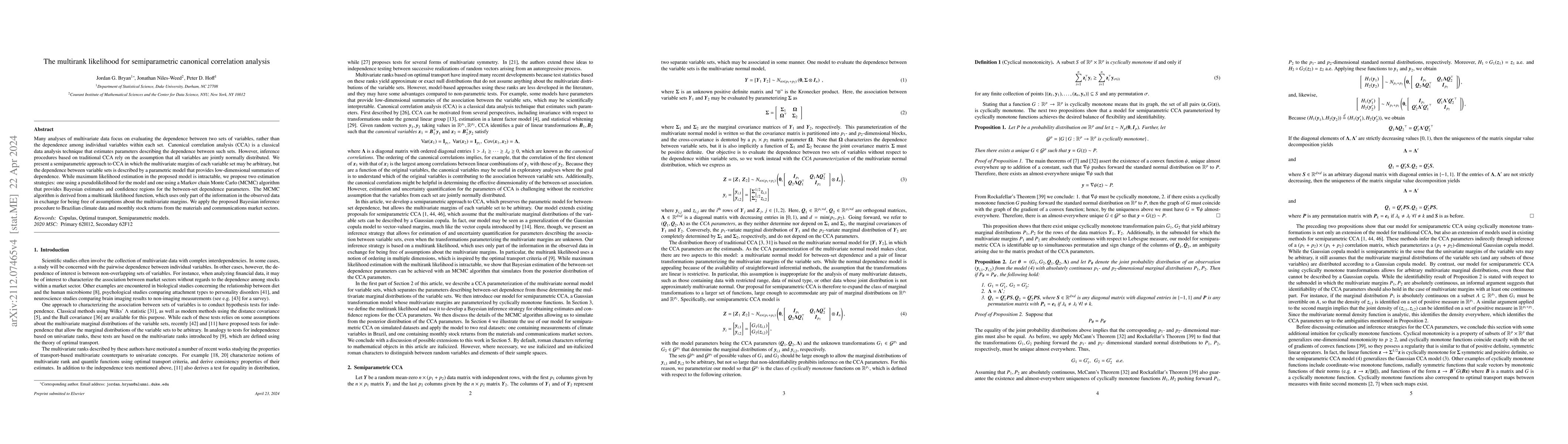 Thumbnail for The multirank likelihood for semiparametric canonical correlation
  analysis