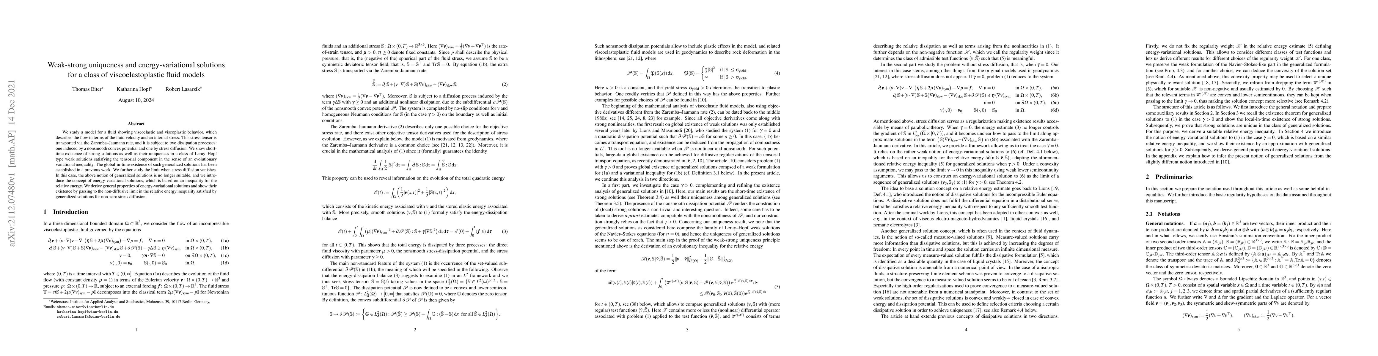 Thumbnail for Weak-strong uniqueness and energy-variational solutions for a class of
  viscoelastoplastic fluid models