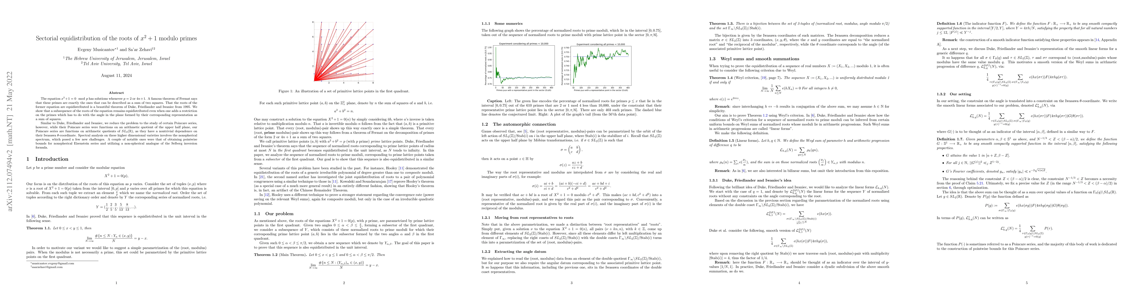 Thumbnail for Sectorial equidistribution of the roots of $x^2 + 1$ modulo primes