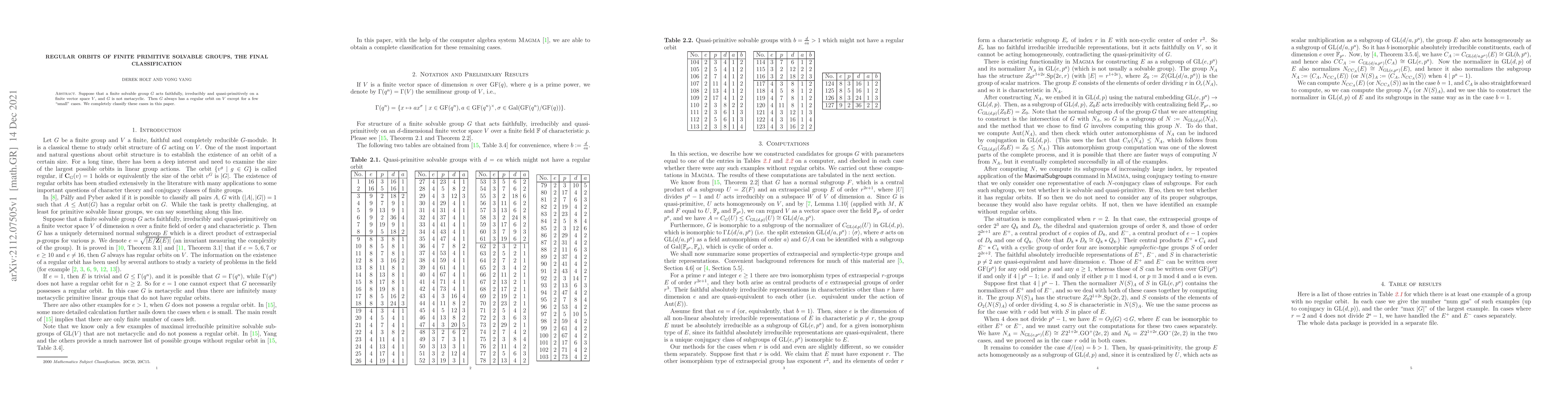Thumbnail for Regular orbits of finite primitive solvable groups, the final
  classification