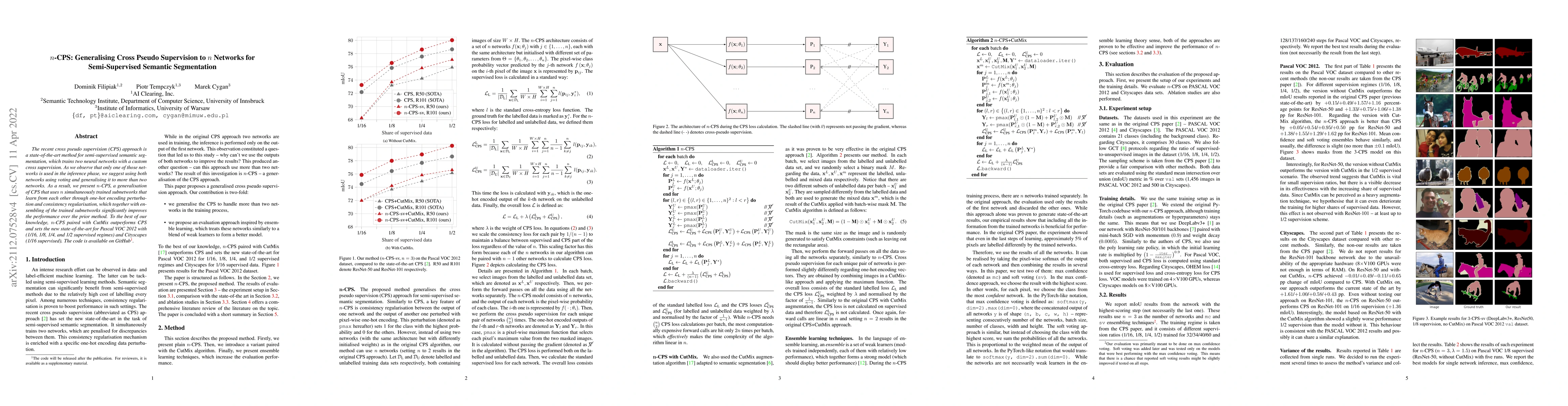 Thumbnail for n-CPS: Generalising Cross Pseudo Supervision to n Networks for
  Semi-Supervised Semantic Segmentation