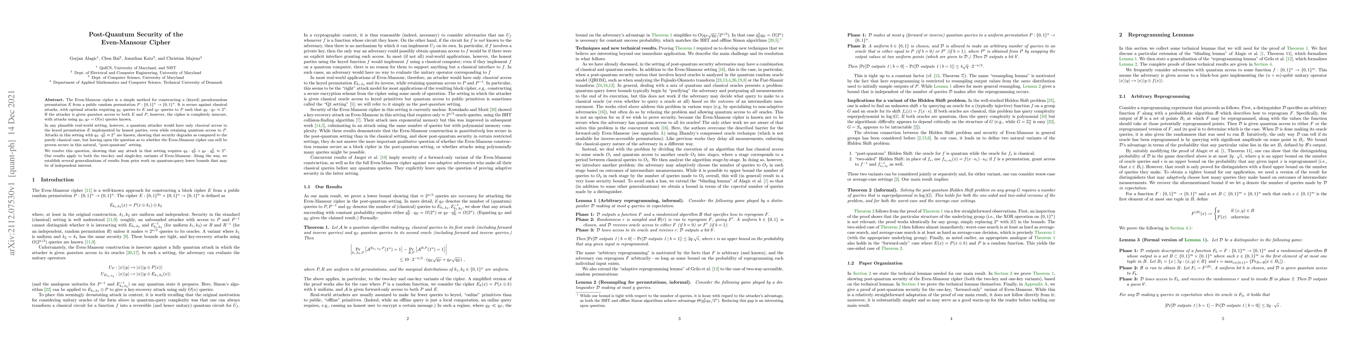 Thumbnail for Post-Quantum Security of the Even-Mansour Cipher