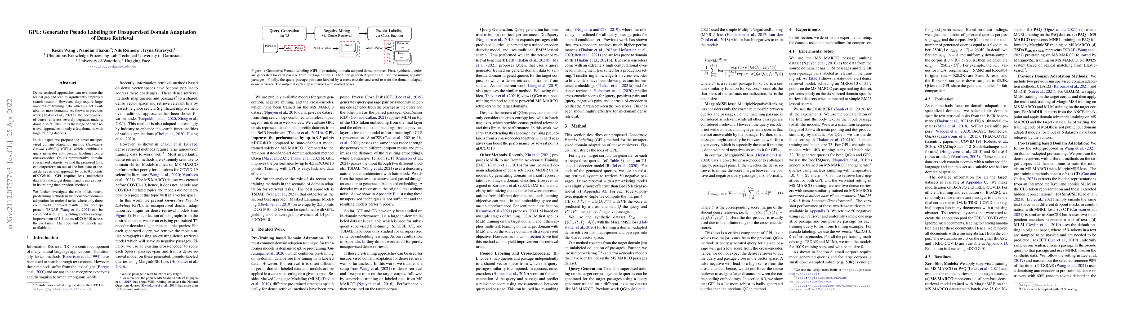 Thumbnail for GPL: Generative Pseudo Labeling for Unsupervised Domain Adaptation of
  Dense Retrieval