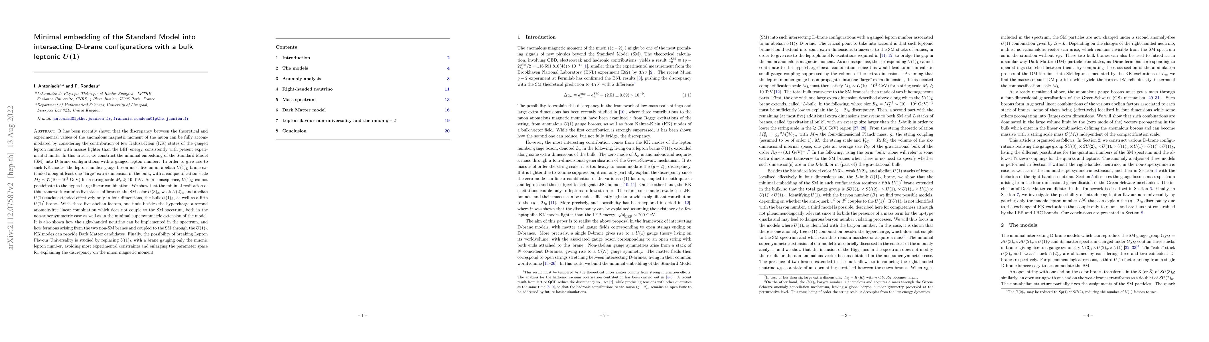 Thumbnail for Minimal embedding of the Standard Model into intersecting D-brane
  configurations with a bulk leptonic $U(1)$
