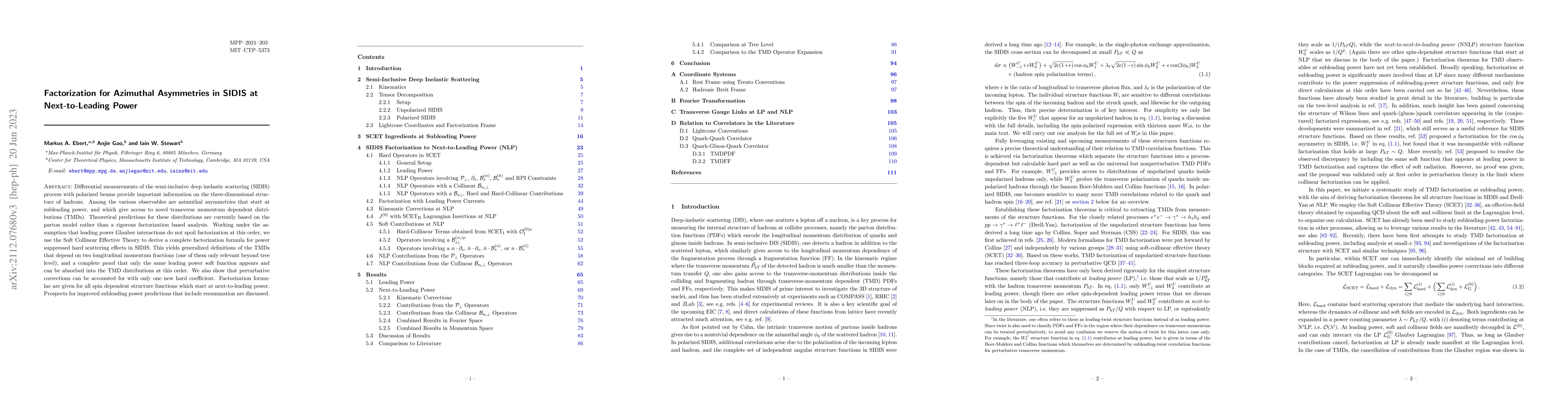 Thumbnail for Factorization for Azimuthal Asymmetries in SIDIS at Next-to-Leading
  Power