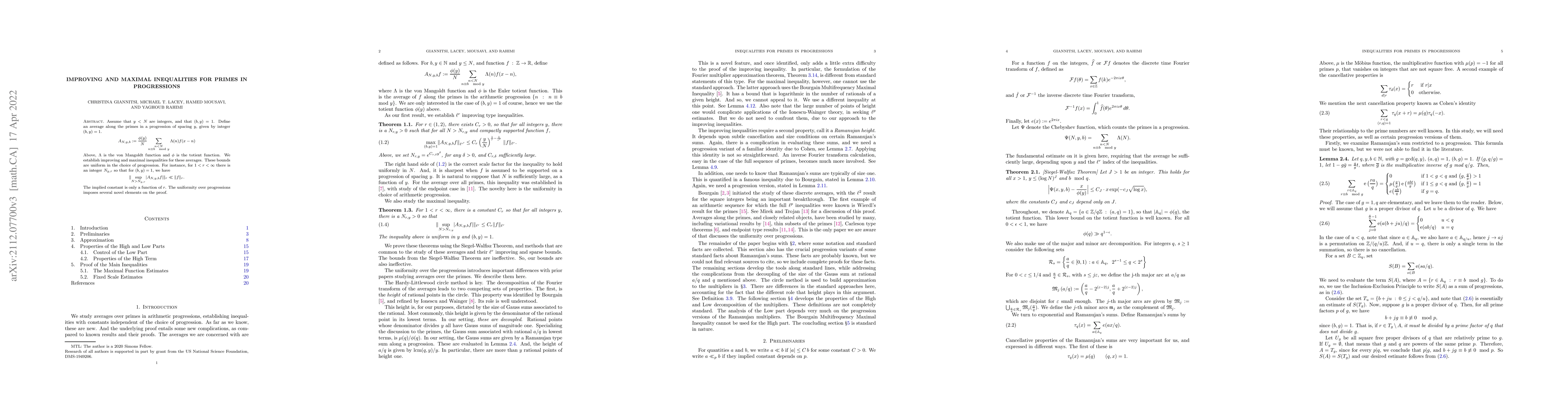 Thumbnail for Improving and Maximal Inequalities for Primes in Progressions