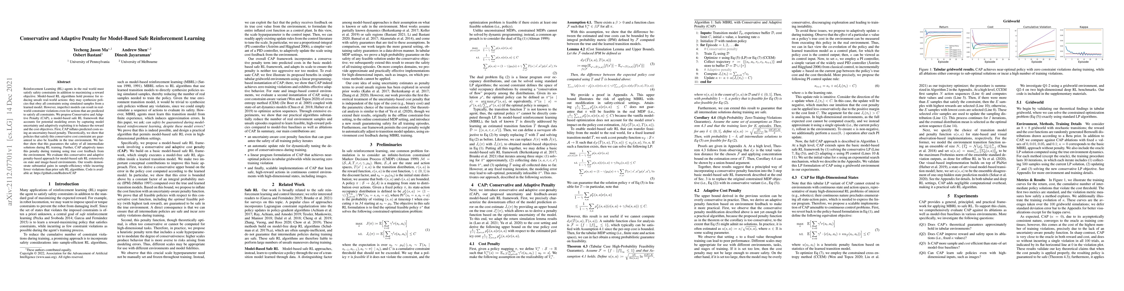 Thumbnail for Conservative and Adaptive Penalty for Model-Based Safe Reinforcement
  Learning