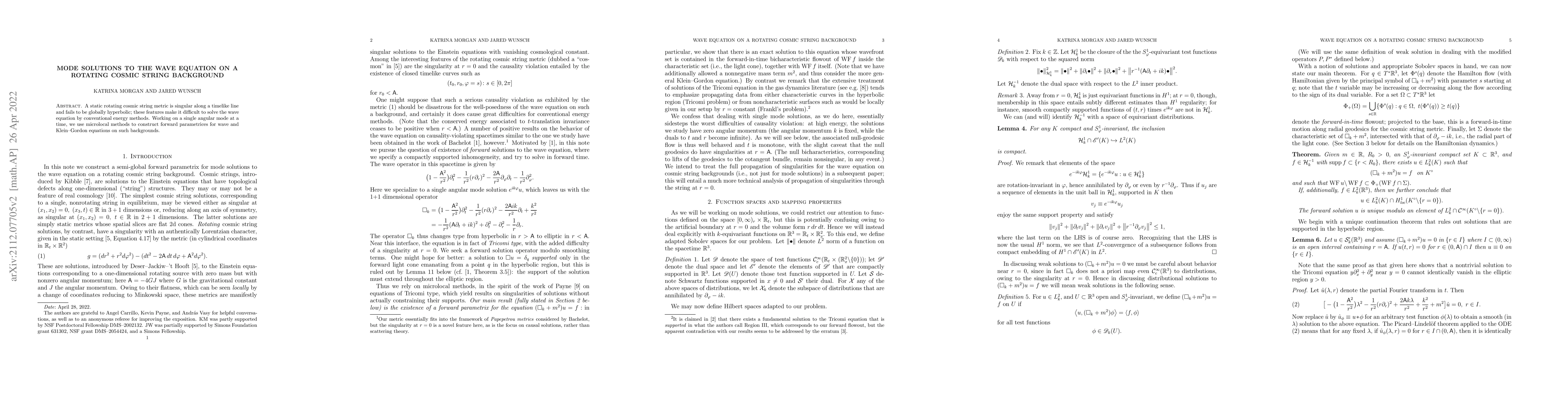 Thumbnail for Mode solutions to the wave equation on a rotating cosmic string
  background