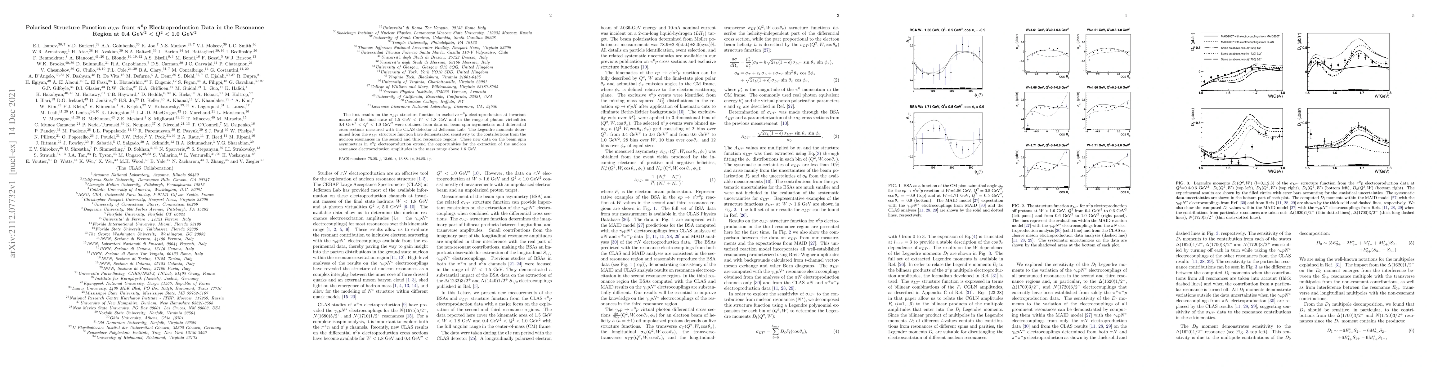 Thumbnail for Polarized Structure Function $\sigma_{LT'}$ from $\pi^0 p$
  Electroproduction Data in the Resonance Region at $0.4$ GeV$^2 < Q^2 < 1.0$
  GeV$^2$