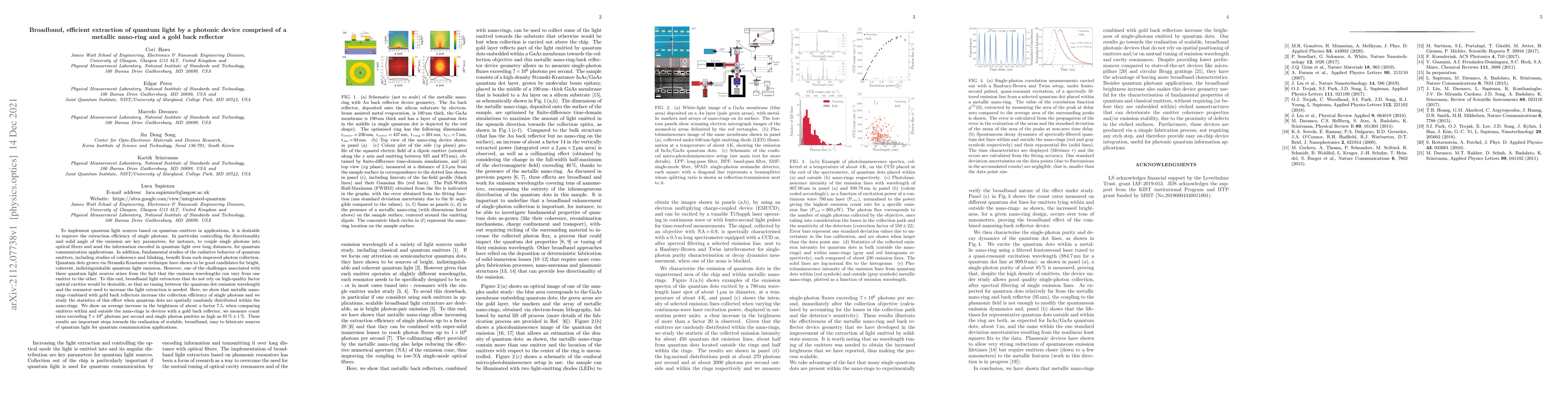 Thumbnail for Broadband, efficient extraction of quantum light by a photonic device
  comprised of a metallic nano-ring and a gold back reflector