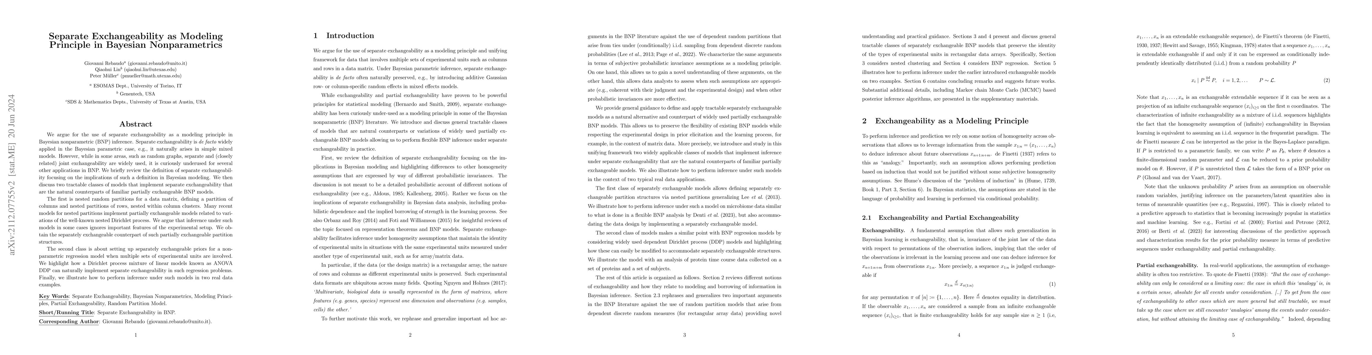 Thumbnail for Separate Exchangeability as Modeling Principle in Bayesian
  Nonparametrics