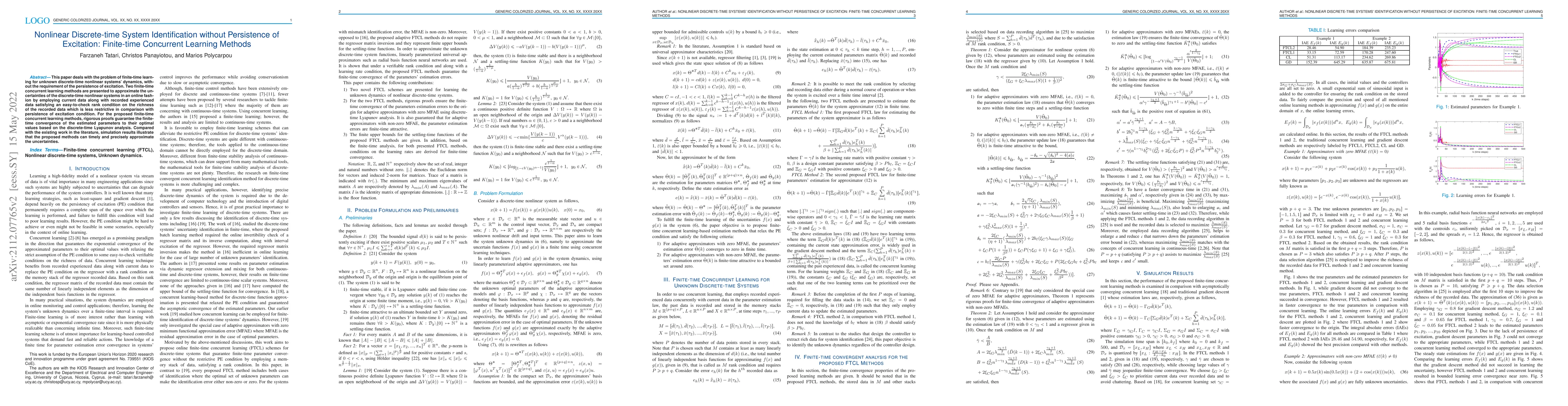 Thumbnail for Nonlinear Discrete-time System Identification without Persistence of
  Excitation: Finite-time Concurrent Learning Methods