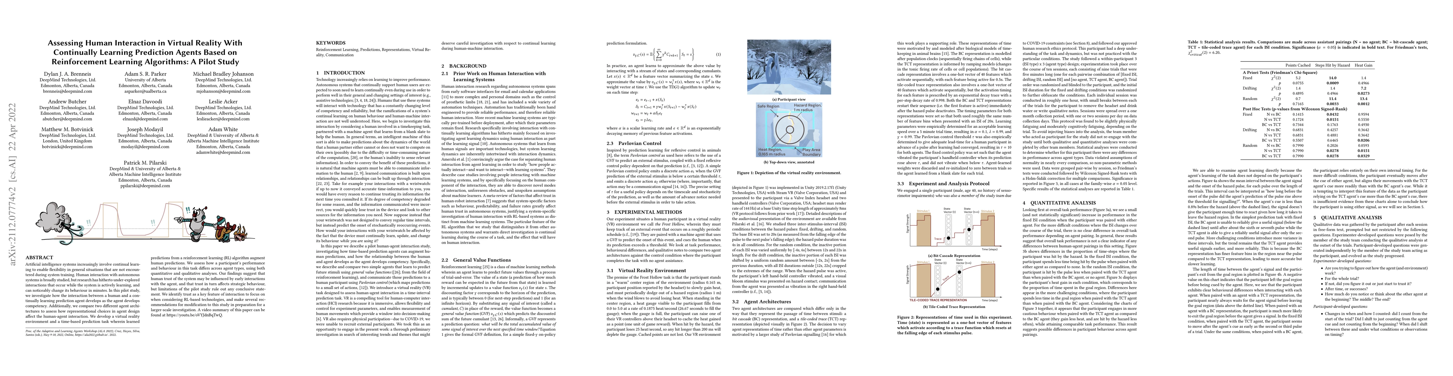 Thumbnail for Assessing Human Interaction in Virtual Reality With Continually Learning
  Prediction Agents Based on Reinforcement Learning Algorithms: A Pilot Study