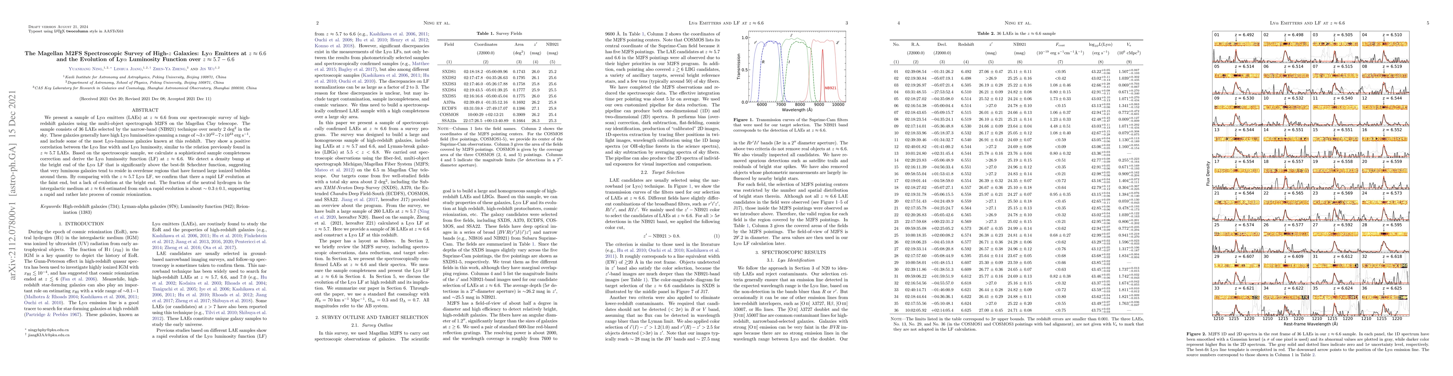 Thumbnail for The Magellan M2FS Spectroscopic Survey of High-$z$ Galaxies: Ly{\alpha}
  Emitters at $z\approx6.6$ and the Evolution of Ly{\alpha} Luminosity Function
  over $z\approx5.7-6.6$