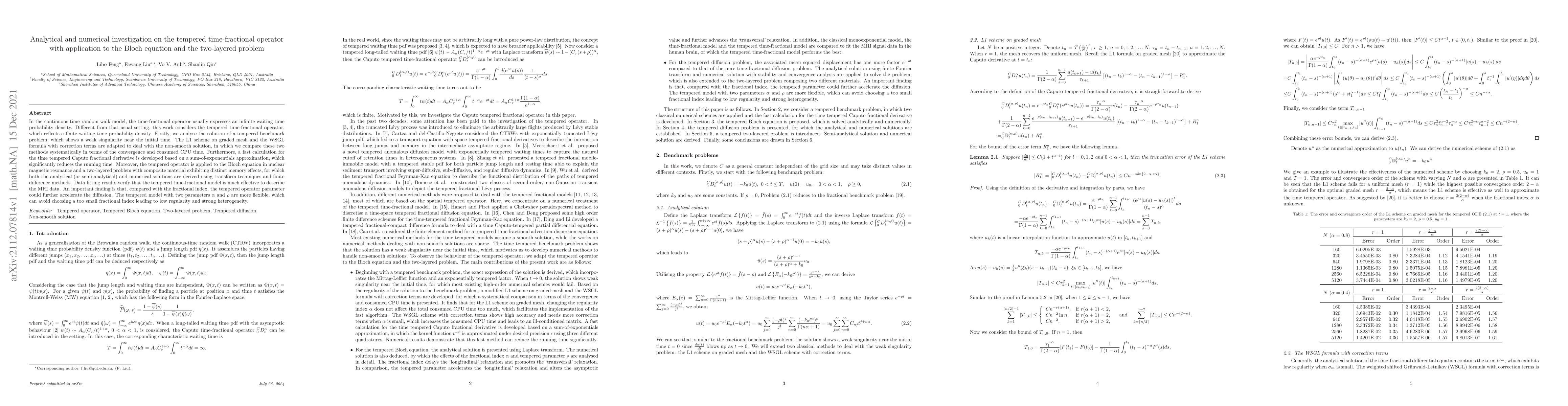 Thumbnail for Analytical and numerical investigation on the tempered time-fractional
  operator with application to the Bloch equation and the two-layered problem