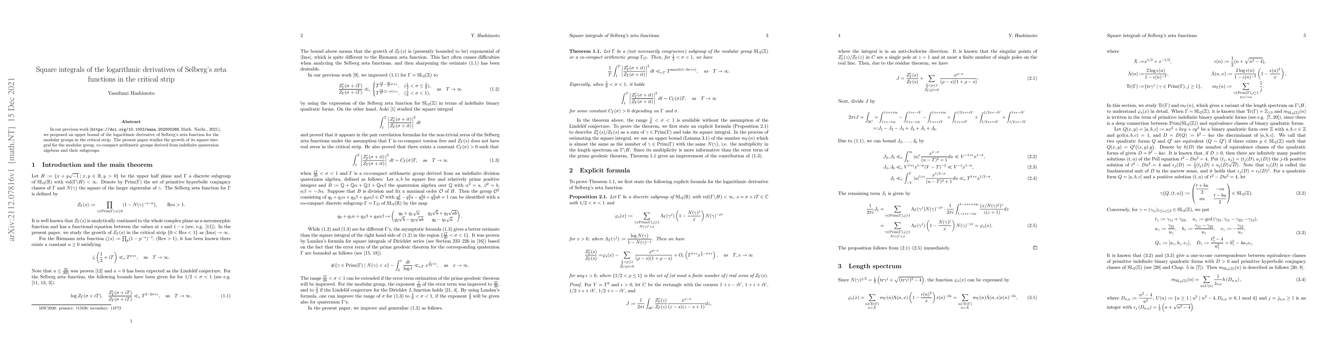Thumbnail for Square integrals of the logarithmic derivatives of Selberg's zeta
  functions in the critical strip