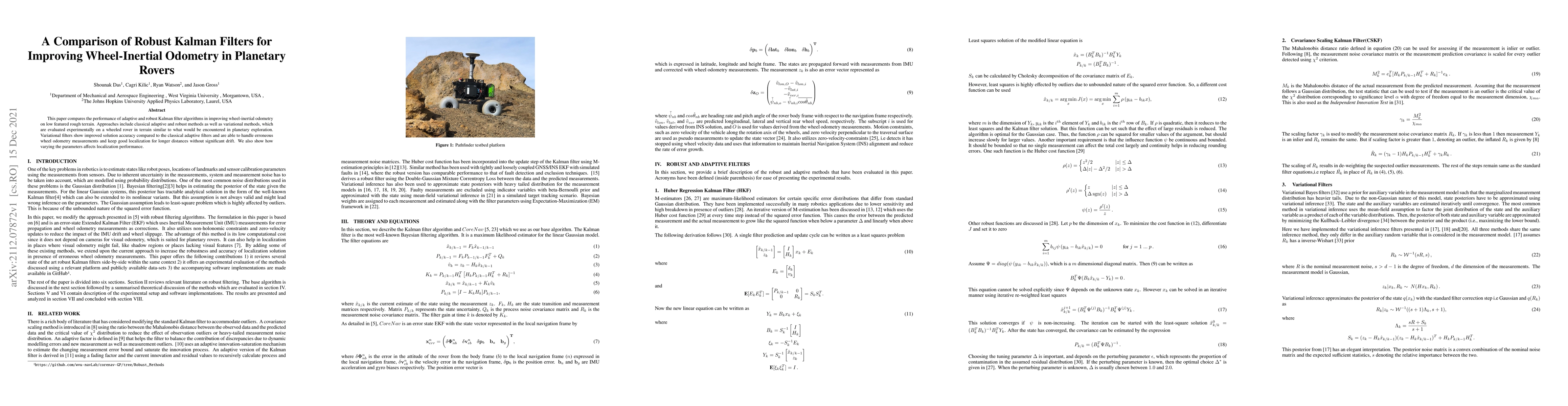 Thumbnail for A Comparison of Robust Kalman Filters for Improving Wheel-Inertial
  Odometry in Planetary Rovers