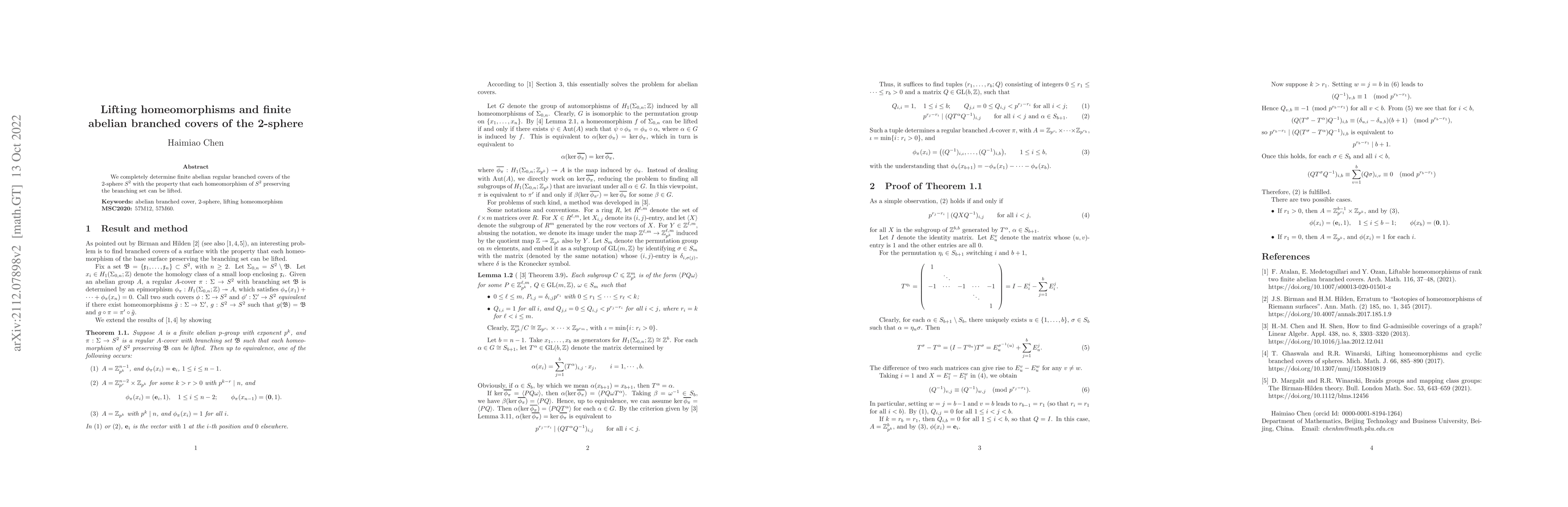 Thumbnail for Lifting homeomorphisms and finite abelian branched covers of the
  2-sphere
