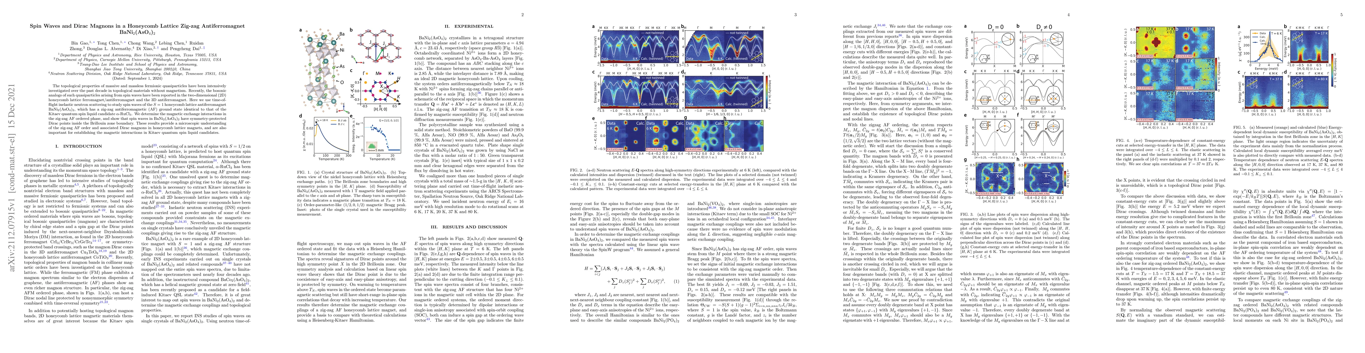Thumbnail for Spin Waves and Dirac Magnons in a Honeycomb Lattice Zig-zag
  Antiferromagnet BaNi2(AsO4)2