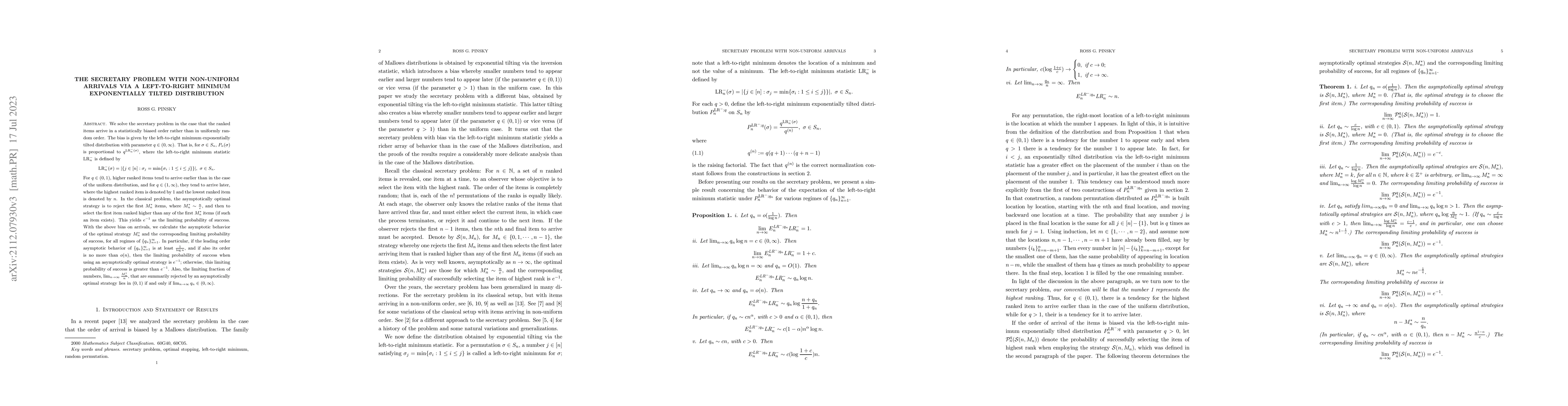 Thumbnail for The secretary problem with non-uniform arrivals via a
  left-to-right-minimum exponentially tilted distribution