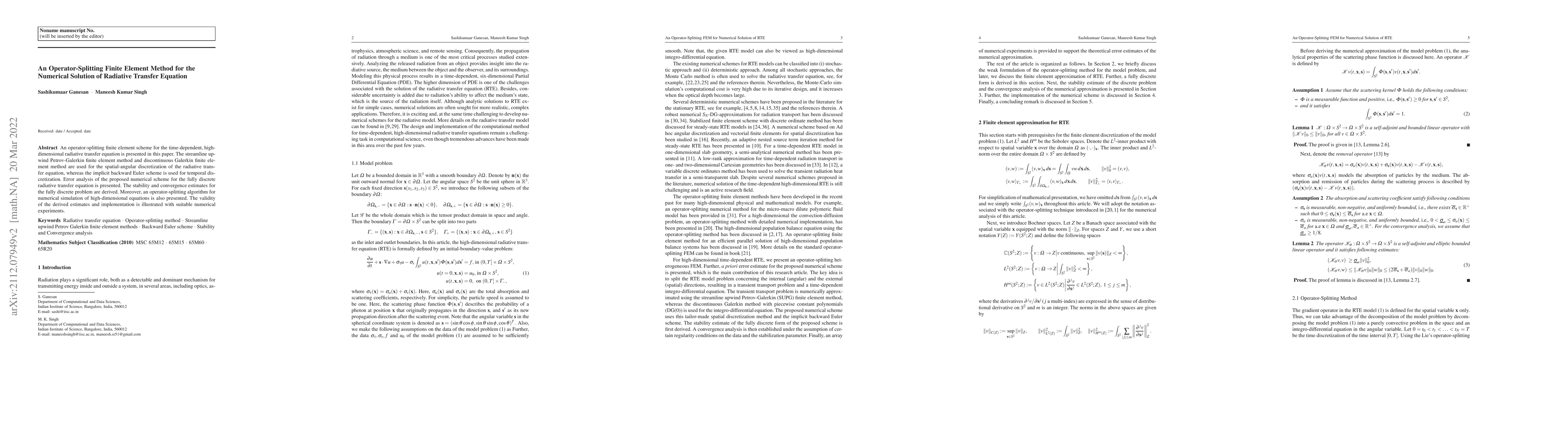 Thumbnail for An Operator-Splitting Finite Element Method for the Numerical Solution
  of Radiative Transfer Equation