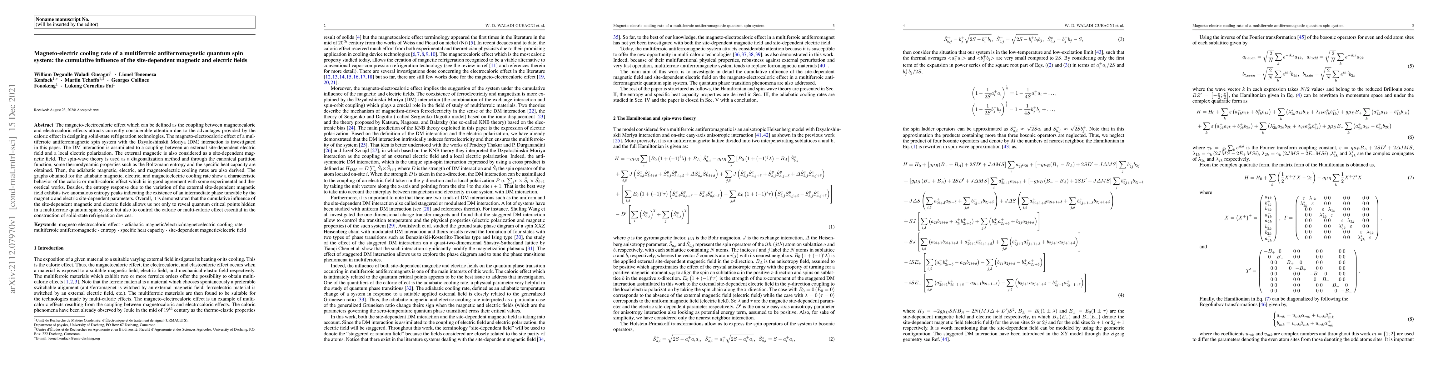 Thumbnail for Magneto-electric cooling rate of a multiferroic antiferromagnetic
  quantum spin system: the cumulative influence of the site-dependent magnetic
  and electric fields