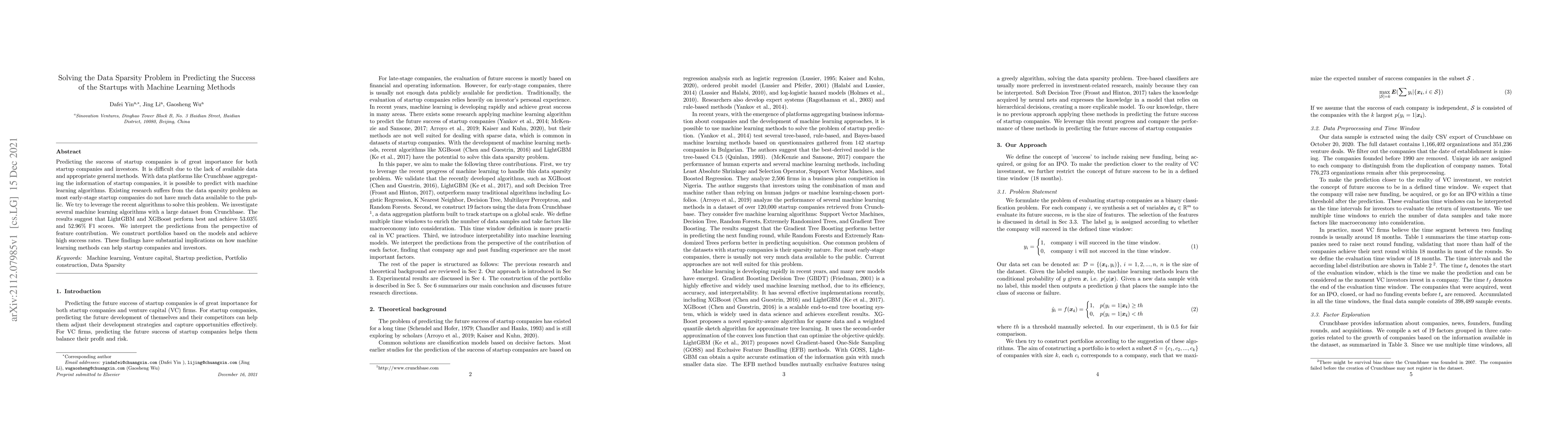 Thumbnail for Solving the Data Sparsity Problem in Predicting the Success of the
  Startups with Machine Learning Methods