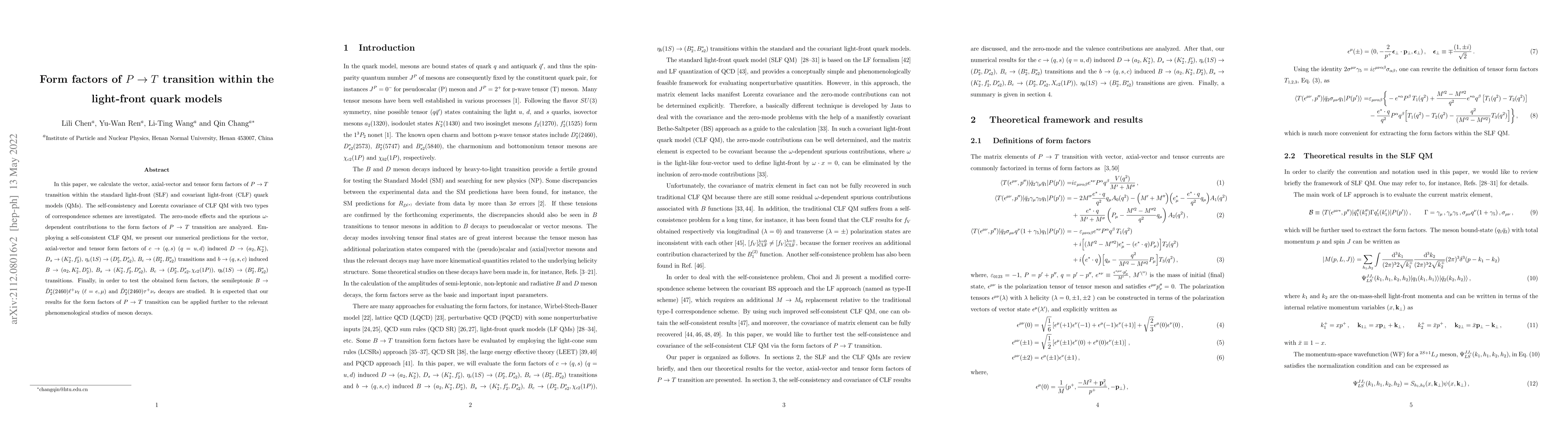 Thumbnail for Form factors of $P\to T$ transition within the light-front quark models