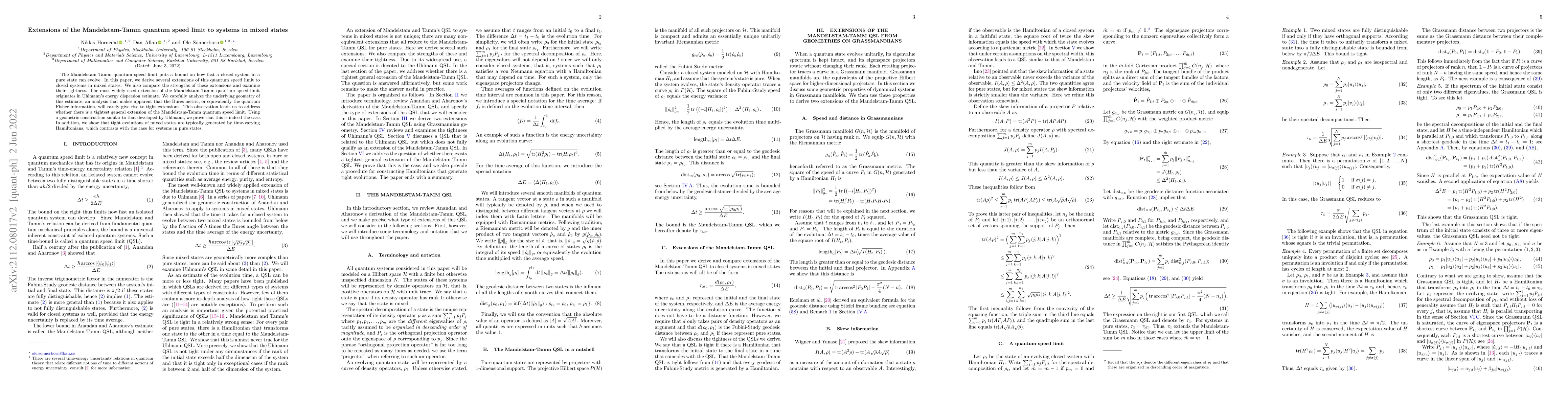 Thumbnail for Extensions of the Mandelstam-Tamm quantum speed limit to systems in
  mixed states