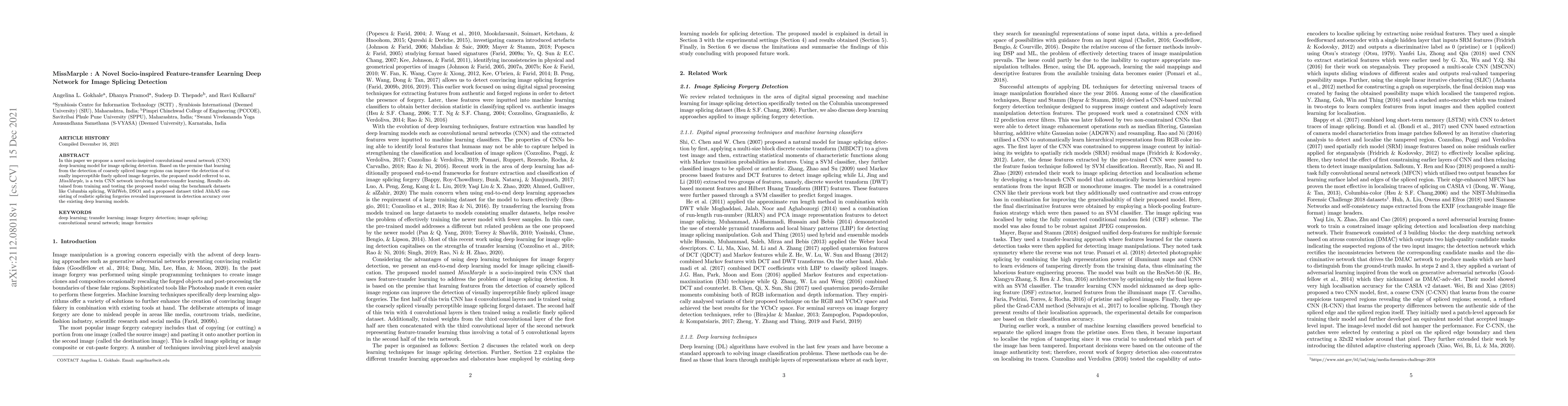 Thumbnail for MissMarple : A Novel Socio-inspired Feature-transfer Learning Deep
  Network for Image Splicing Detection