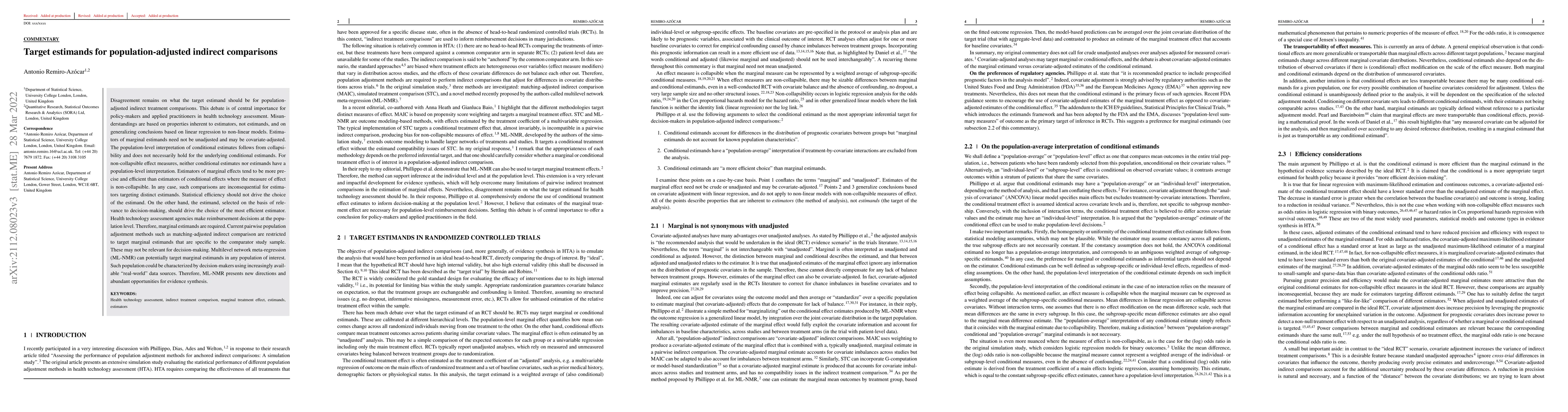 Thumbnail for Target estimands for population-adjusted indirect comparisons