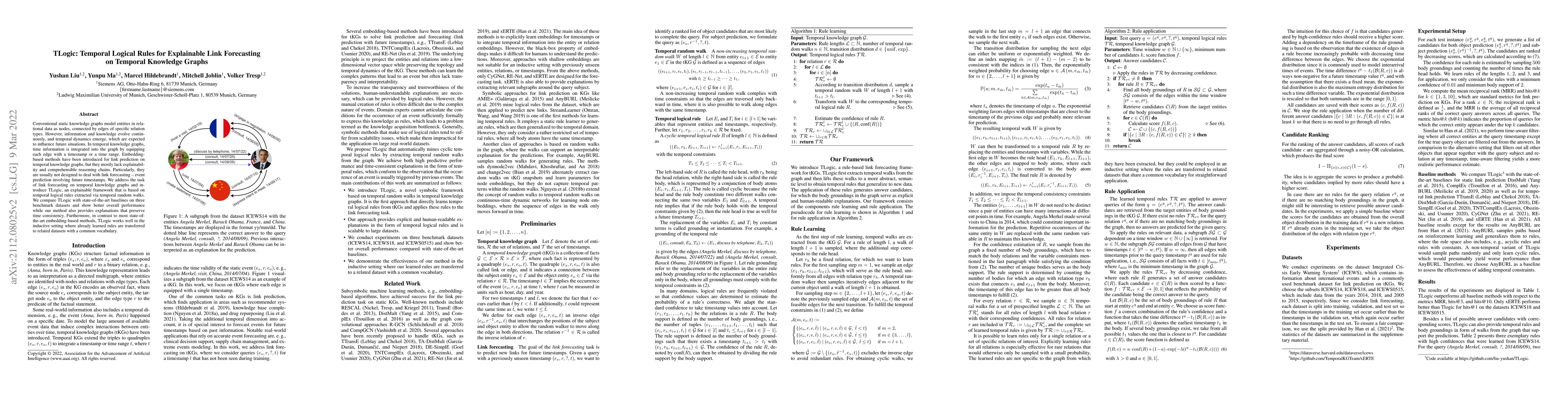 Thumbnail for TLogic: Temporal Logical Rules for Explainable Link Forecasting on
  Temporal Knowledge Graphs