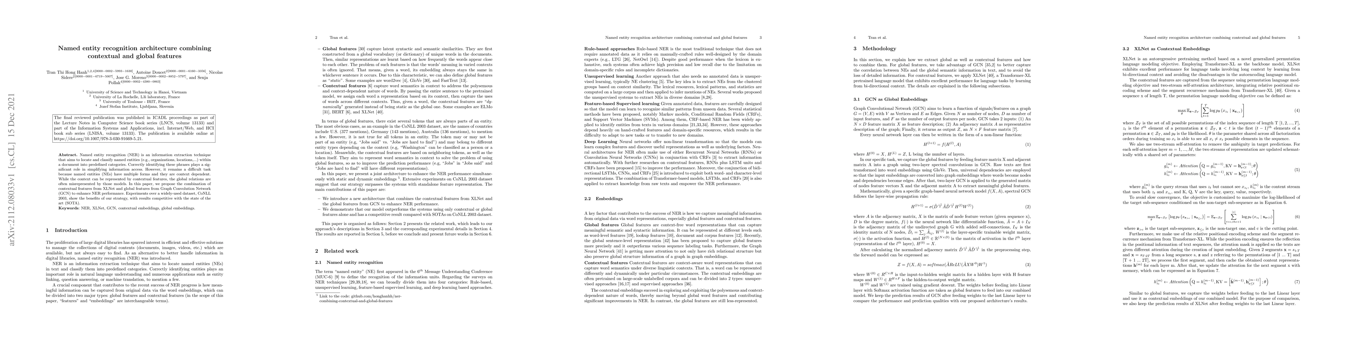 Thumbnail for Named entity recognition architecture combining contextual and global
  features