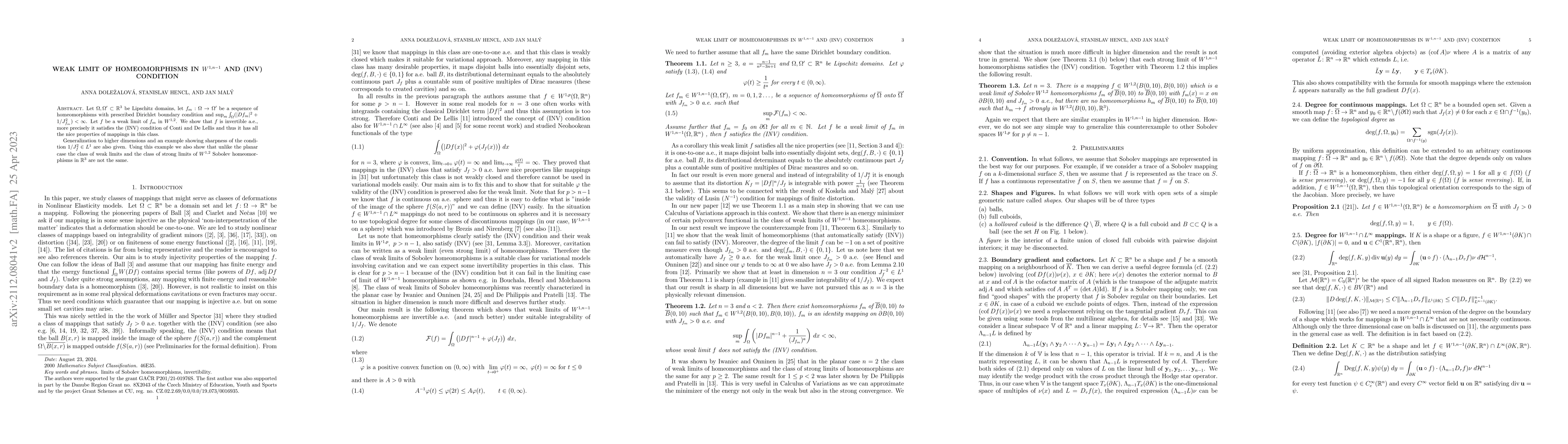 Thumbnail for Weak limit of homeomorphisms in $W^{1,n-1}$ and (INV) condition