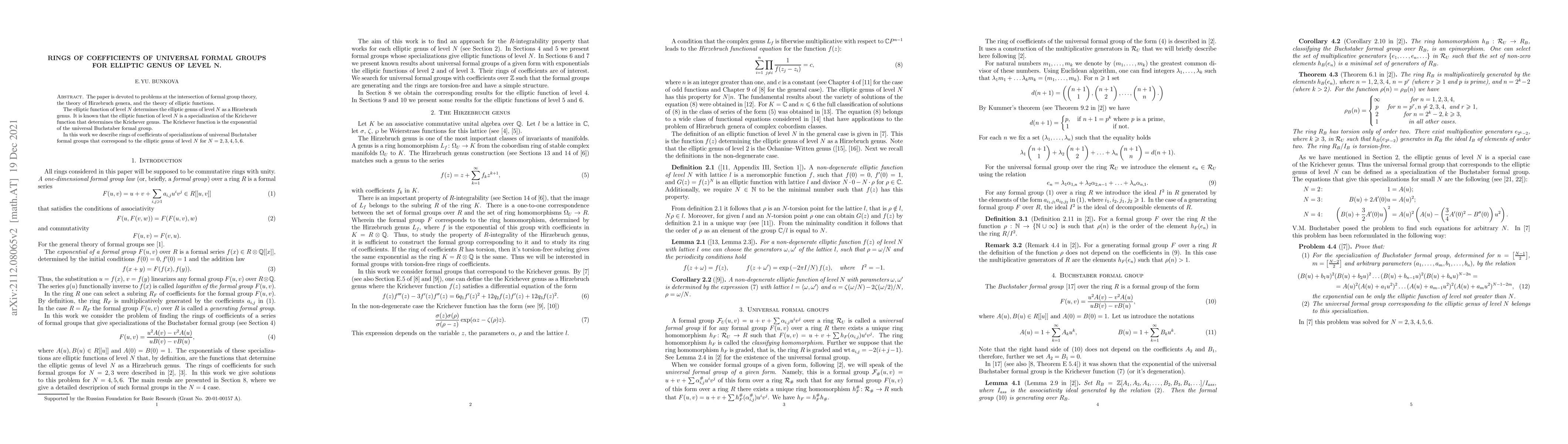Thumbnail for Rings of Coefficients of Universal Formal Groups for Elliptic Genus of
  Level N